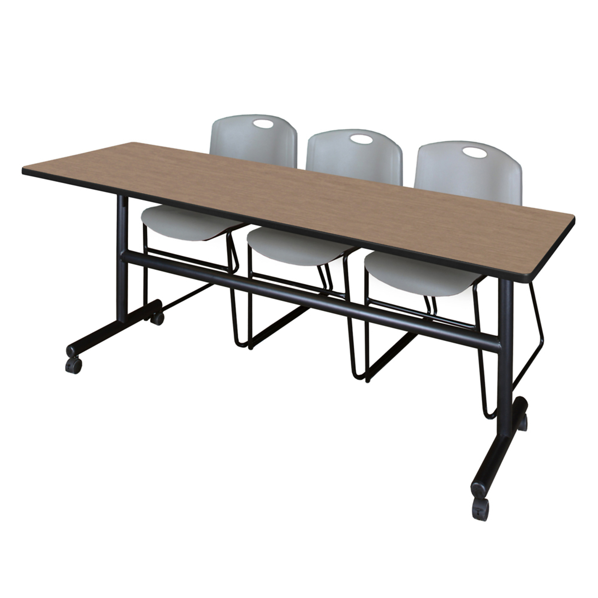 Regency Kobe Flip-Top Training Nesting Table Set — 84in. x 24in., Noble Oak, 2 Grey Zeng Stack Chairs, Model# MKFT8424NO44GY